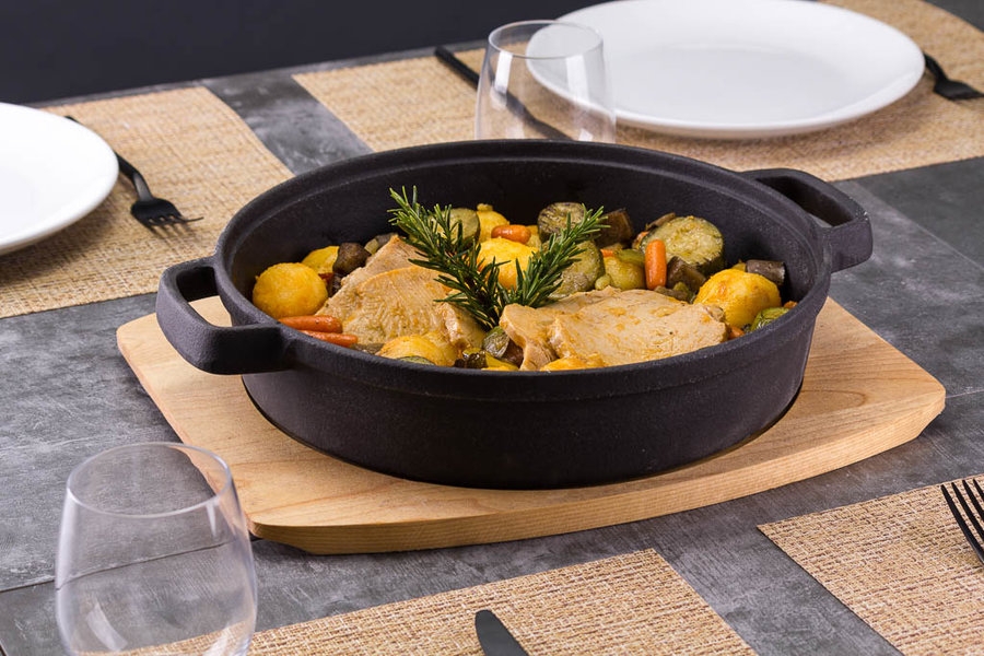 Ca�arola Baixa Ferro Fund. + Base Madeira 30cm